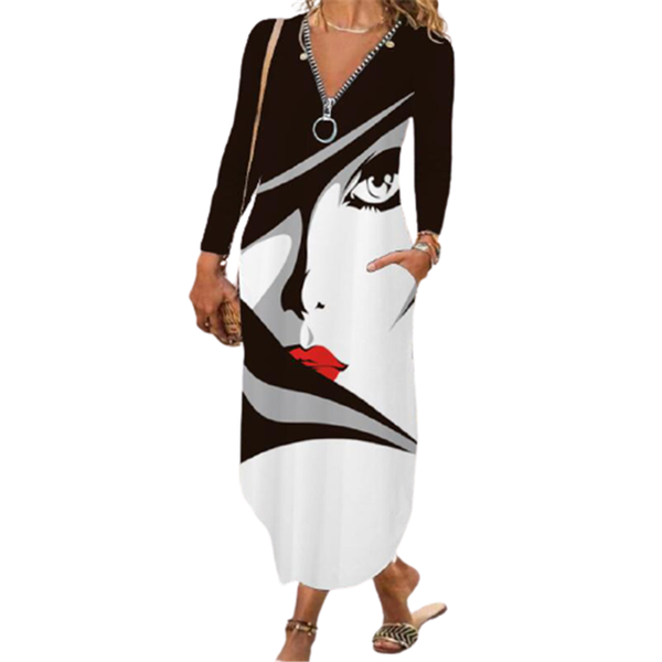 

casual dresses elegant boho 3d portrait lip butterfly print maxi dress women fashion zip v-neck long sleeve hem irregular large vestido, Black;gray