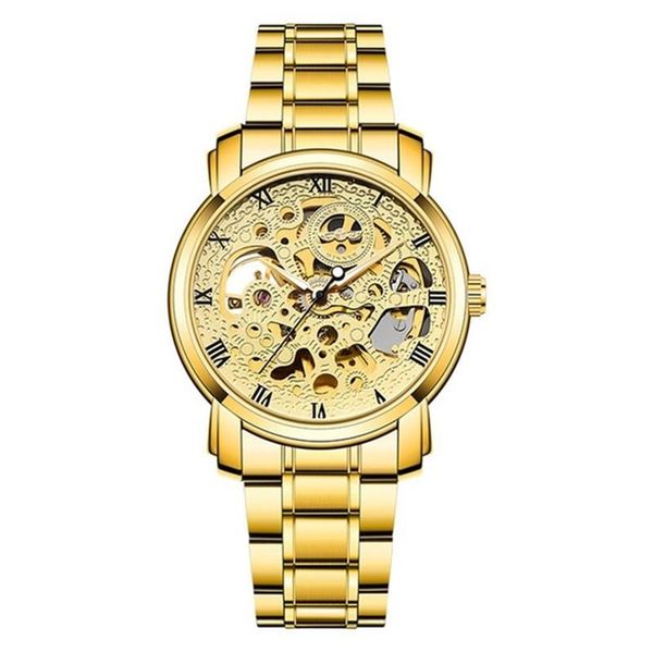 

wristwatches winner fashion mens causal mechanical wristwatch gold full steel transparent skeleton watch male luxury business clock, Slivery;brown