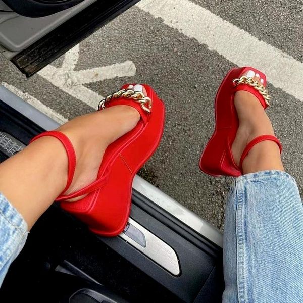 

sandals women's 2021 summer style large size thick-soled square toe with open ankle strap metal chain shoes, Black