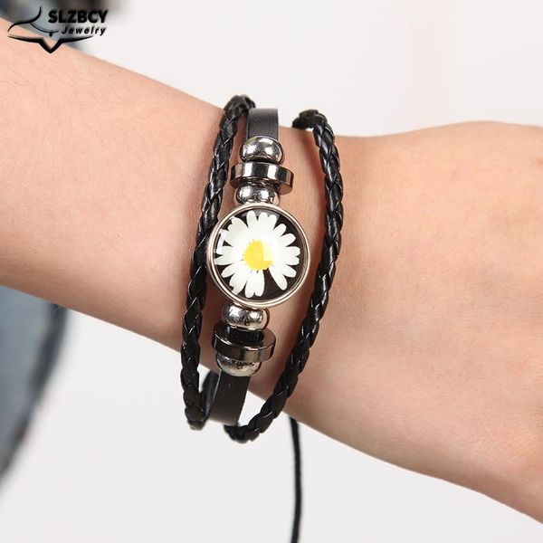 

charm bracelets adjustable chain daisy leather bangle jewelry gift bohemian glass sunflower multi-layer charms braided bracelet for women ch, Golden;silver