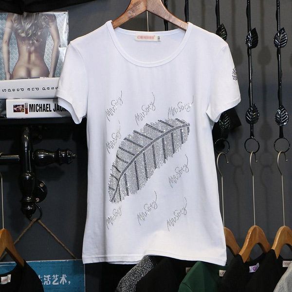 

women's t-shirt women 2021 summer diamonds short sleeve pullovers loose plus size casual elasticity bottoming shirt, White