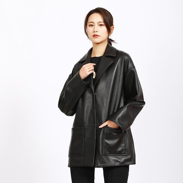 

women's leather & faux spring model star celebrity inspired jacket korean-style casual loose sheepskin genuine clothes women, Black