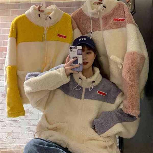 

women hoodies thick fleece zip-up patchwork cute autumn winter girls loose coat 210809, Black