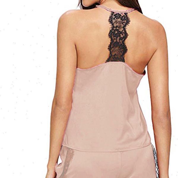 

sleeveless strap nightwear spaghetti women sleepwear loose lace trim satin cami pajama sets t1p, Black;red