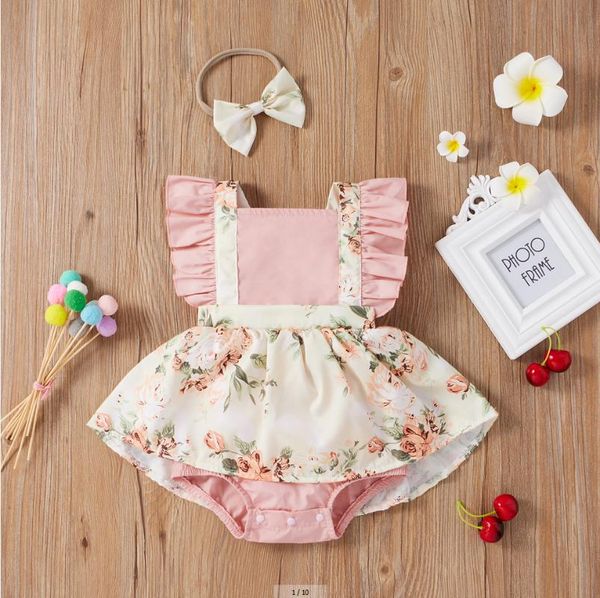 

clothing sets baby two piece set girl's sleeve u-neck dress floral printed romper hair band for infants, White