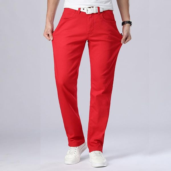 

men's jeans shzq autumn men's red classic style straight elasticity cotton denim pants male brand white trousers, Blue