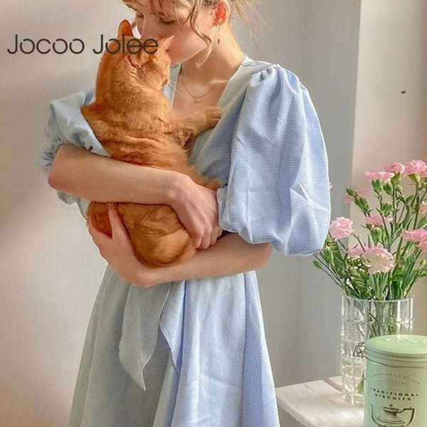 Jocoo Jolee Frauen Sommer Sexy Puffärmel Tiefem V-ausschnitt Bogen Elegante Low-Cut Kleid Solide Süße Casual Grundlegende Plissee party 210619