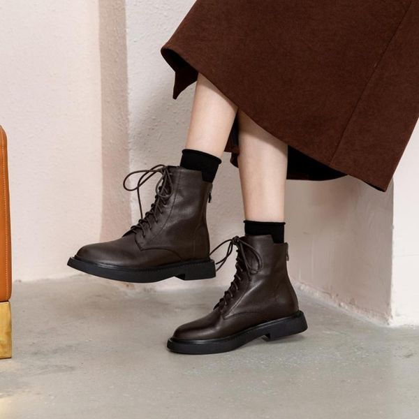 

2021autumn/wintr womn boots 2021 round to flat short plush gnuin lathr ankl boots black brown solid wild