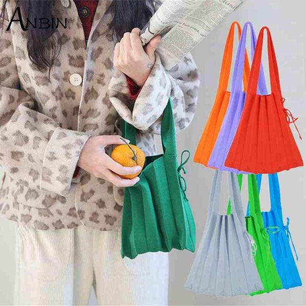 

female wool knitting shoulder bags organ pleated drawstring handbag designer chic fold design ladylike shopping tote for women y220421