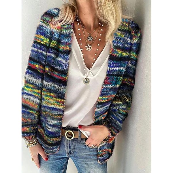 

women knits cardigan warm long sleeve casual striped outerwear women's cadigan multicolor open front sweaters autumn winter, White