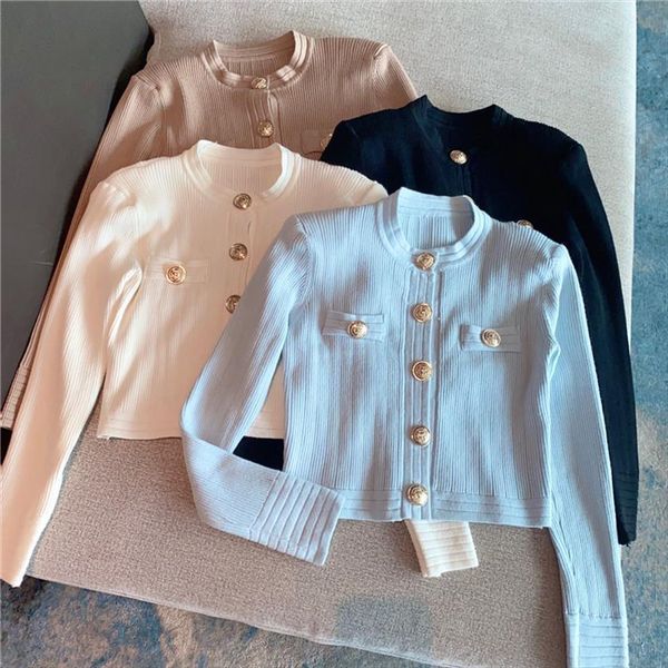 

brand fashion women high sweater autumn winter elegant copper button long sleeved knitted cardigan jacket coat, White;black