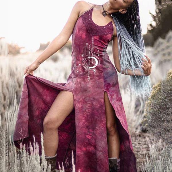 

casual dresses plus size retro dress women summer lace dyeing print split long slip gothic sundresses vestido de mujer, Black;gray