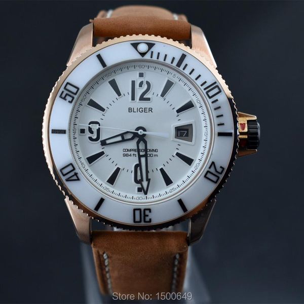 

wristwatches bliger 43mm mechanical black dial steel case yellow brown strap automatic mens watches, Slivery;brown