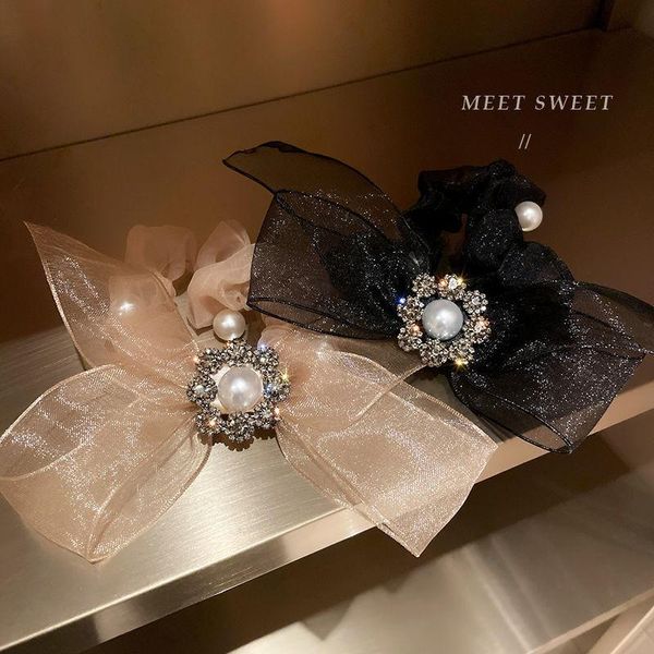 

hair accessories diamond pearl flower gauze bow circle net red headrope japan and south korea temperament headdress women's fashion, Slivery;white