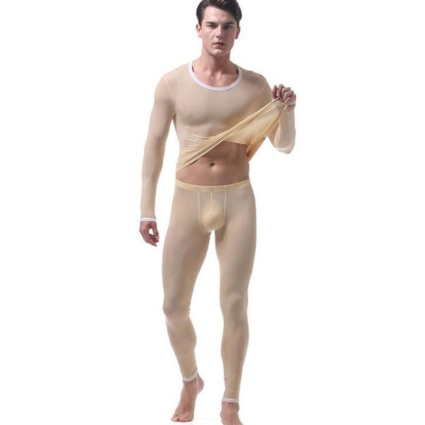 

men's sleepwear rqrrsq pant sets male winter thin ice silk undershirts trousers nylon mens home long johns underwear set -xl, Black;brown