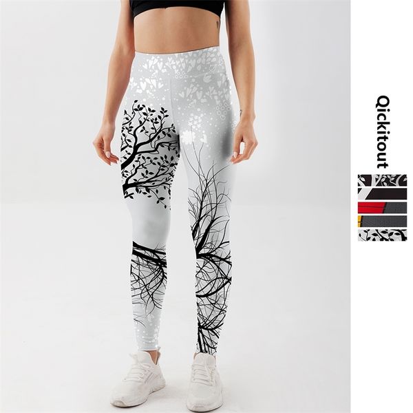 Qickitout leggings Продают женскую Skullflower черные цифровые печатные брюки брюки брюки стрейч плюс размер 211215