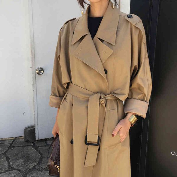 

paris girl long trench women fashion coats double breasted slim coat korean outwear s windbreakers 210524, Tan;black