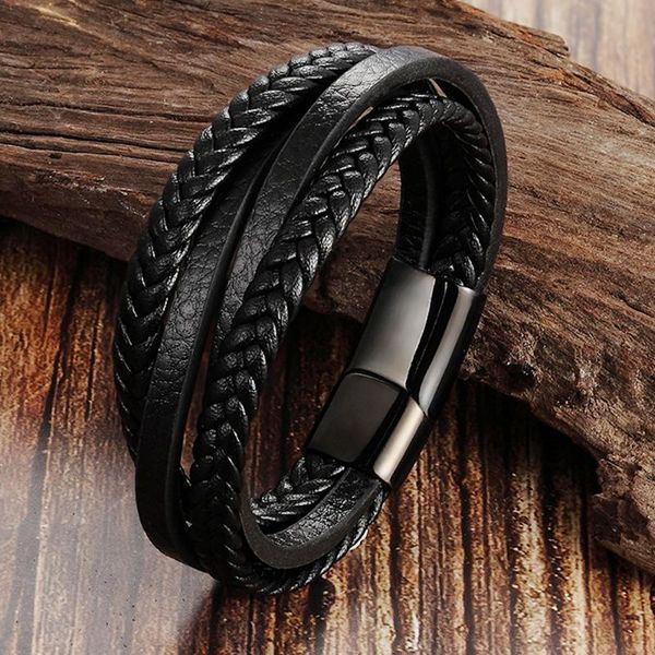 

trendy genuine leather bracelets men stainless steel multilayer braided rope for male female jewelry charm, Golden;silver