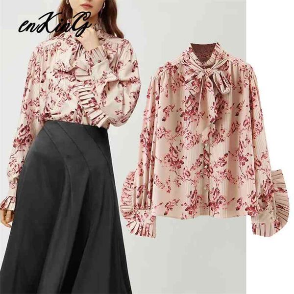 

england office lady elegant floral print pleated za blouse women blusas mujer de moda shirt womens and 210628, White