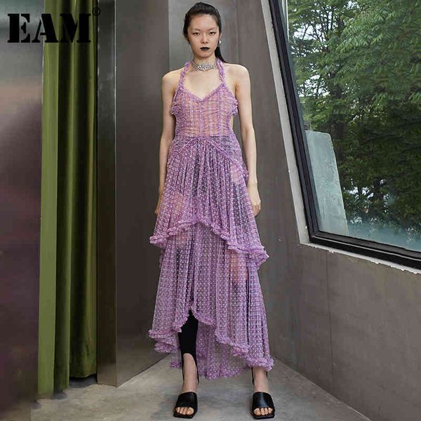

[eam] women mesh irregular perspective long dress v-neck sleeveless loose fit fashion spring summer 1dd8644 21512, Black;gray