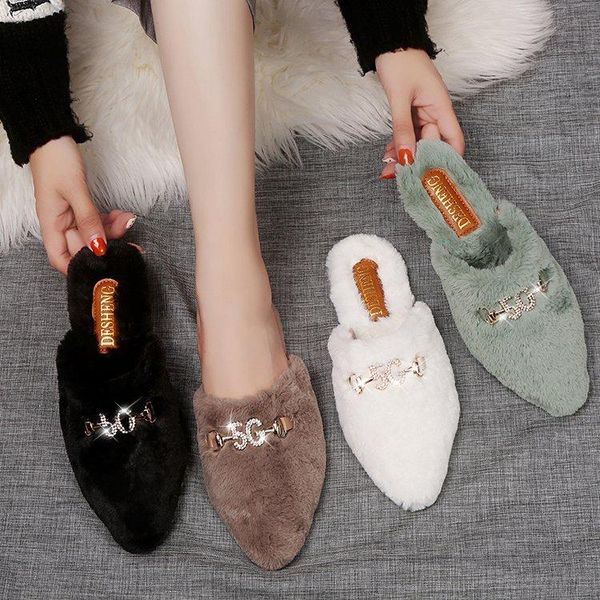 

loafers flat shoes female flock slippers casual slides rivet fur flip flops pointed toe luxury plush cover fashion metal, Black