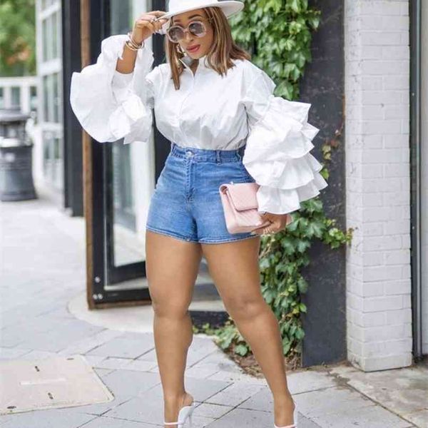 

big lantern sleeve blouse shirt single breasted fashion button female loose spring autumn street solid color 210525, White