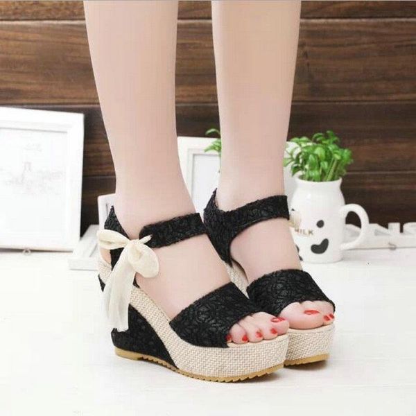 

sandals summer woman wedge lace fish mouth heels peep toe high casual thick bottom platform c11-18 1yzj, Black