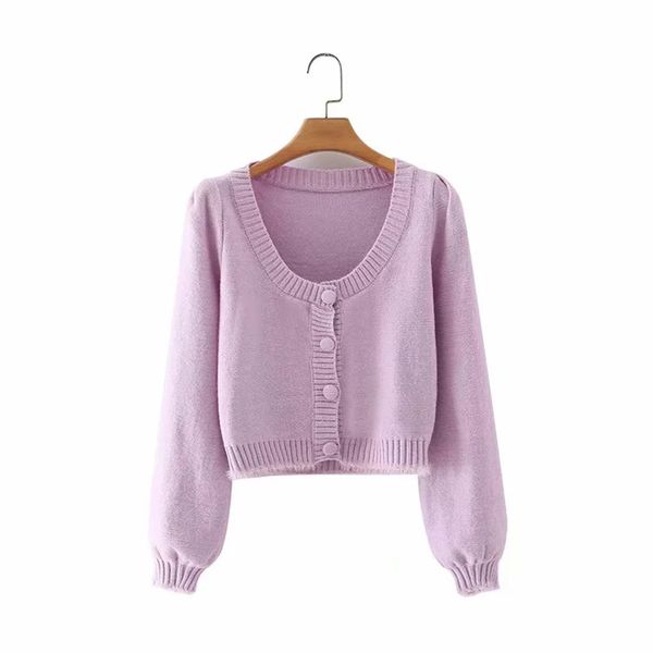 Maglione da donna con colletto quadrato viola dolce Top femminile monopetto a maniche lunghe con cardigan corto 210520