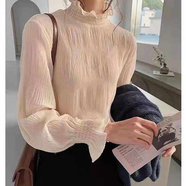 

spring summer new women blouse long sleeve loose all-match chiffon shirts bell sleeve shirt base shirt camisas mujer 9542, White
