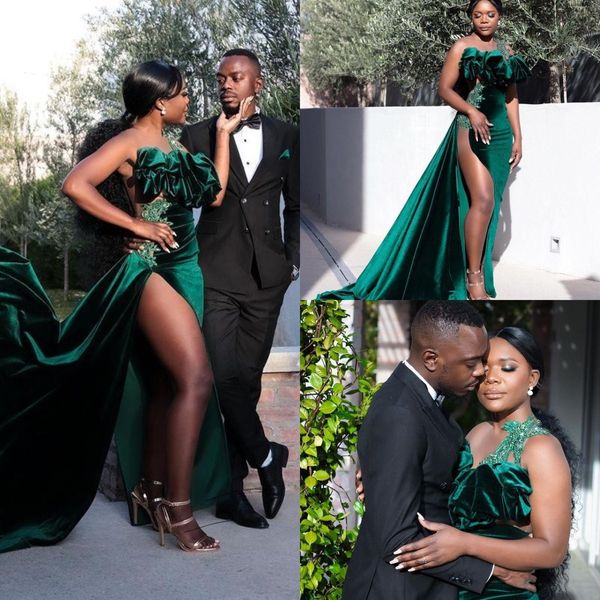 

dark green velvet mermaid prom dresses robes de soirÃ©e high side split ruffles evening gowns sweep train party dress, Black