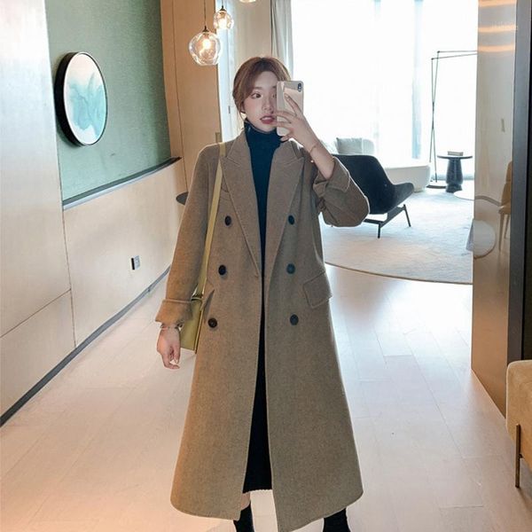 

women's wool & blends long coat women 2021 winter style over knee double-breasted woolen office lady casual loose thick overcoat, Black