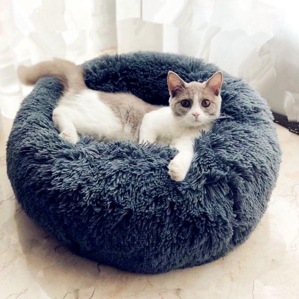

cat beds & furniture round plush bed house soft long pet dog for small dogs cats nest winter warm sleeping mat