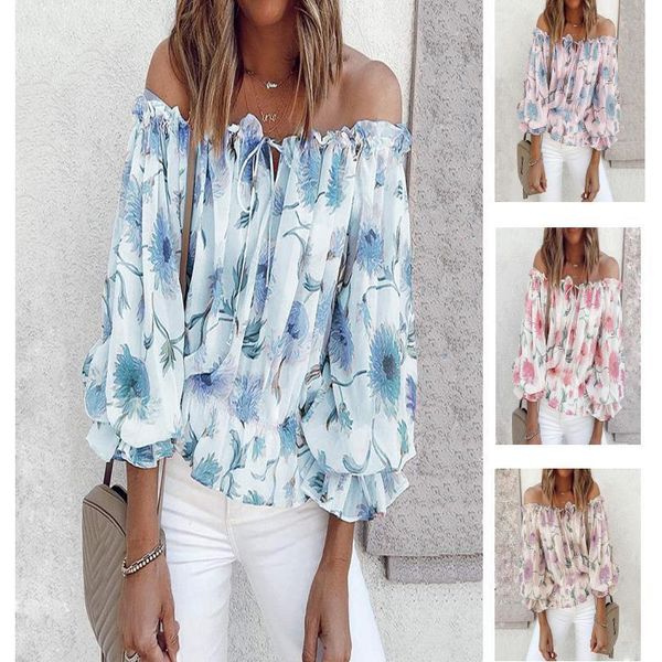 

tees t-shirt 2021 one neck off shoulder chiffon shirt women's loose print long sleeve t-shirt, White