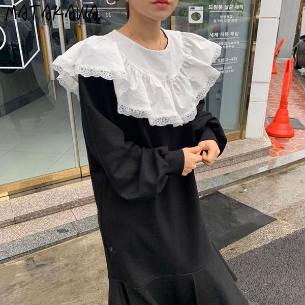 

matakawa hit color round neck sweater dress women lace ruffle stitching vestidos loose long sleeve trumpet / mermaid dresses 210513, Black;gray