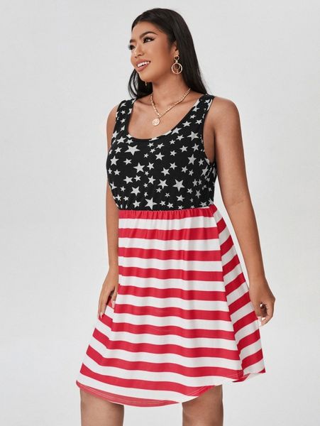 

plus stars and stripes print dress e6fn#, Black