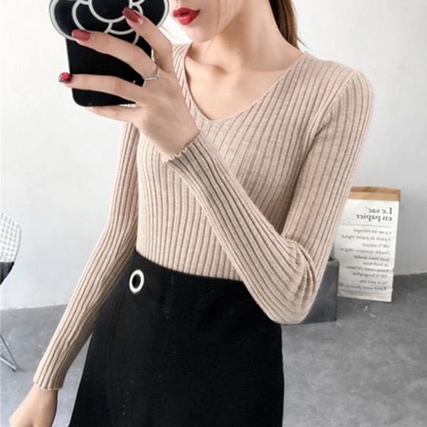 

women's sweaters 2021 spring korean version of the wild slim short long-sleeved v-neck tight sweater tide rq200, White;black