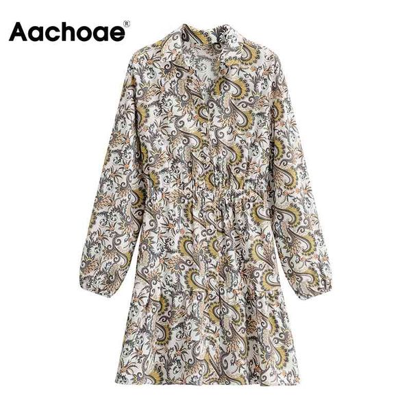 

boho floral print a line lantern sleeve casual shirt turn down collar elegant dress spring summer vestidos 210413, Black;gray