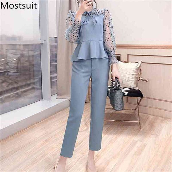 

office fashion two piece pants sets outfits women bow dot print patchwork tunics + suits korean workwear 210513, White