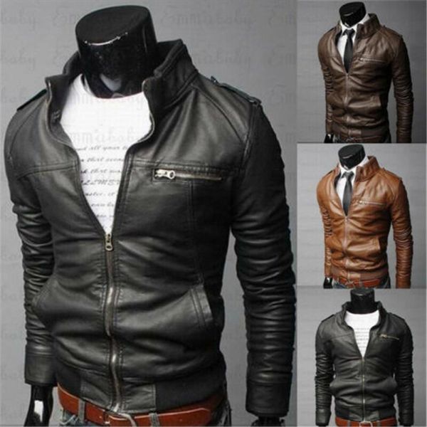

gothic men motorcycle pu leather slim coat jacket vintage biker retro cafe racer distressed male zipper coats men's jackets, Black;brown