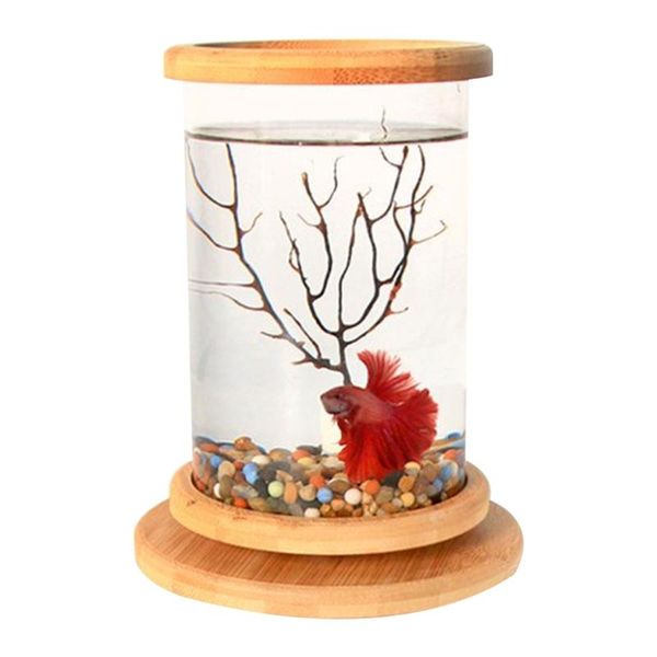 

aquariums mini glass aquarium bamboo base transparent fish tank 360Â° manually turnable decoration ecological bottle 3 styles