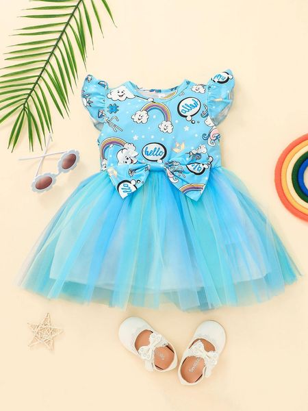 

toddler girls cartoon graphic ruffle sleeve bow front mesh overlay dress she, Red;yellow