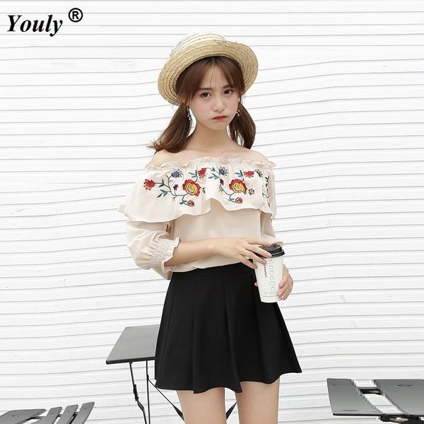 

women's blouses & shirts embroidery floral print ruffle off shoulder blouse shirt women 2021 casual loose boho chiffon ladies cute, White