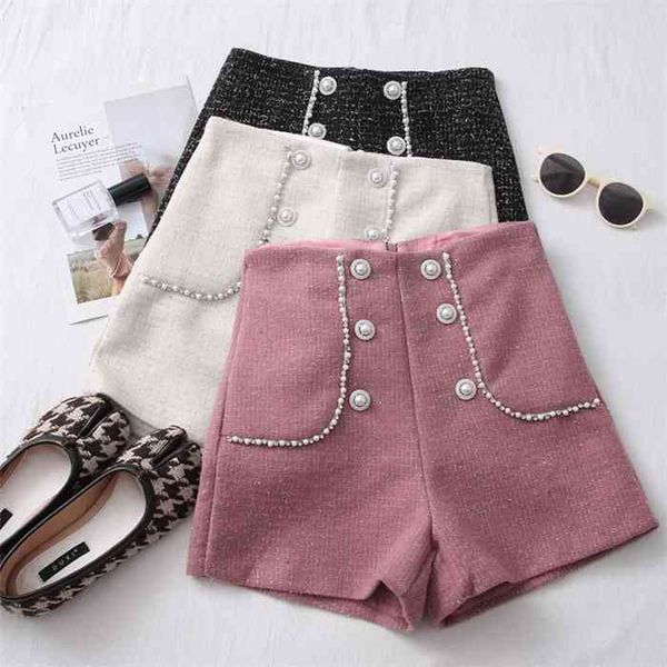 

new high waist tweed women casual loose ladies fashion spring autumn slim button shorts all-match, White;black