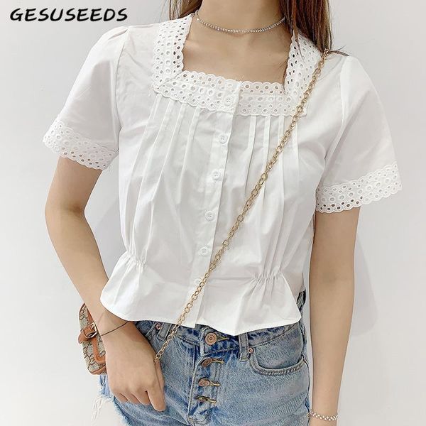 

women's blouses & shirts vintage blouse women short sleeve korean button up shirt kawaii cotton lace patchwork white ruched