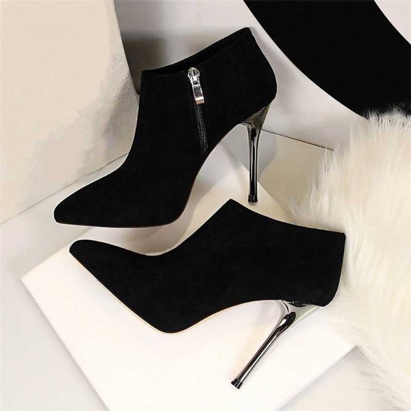 

autumn winter boots european fashion high heel boots thin heeled ankle boot zipper pointed suede women shoes h8663-2 210429, Black