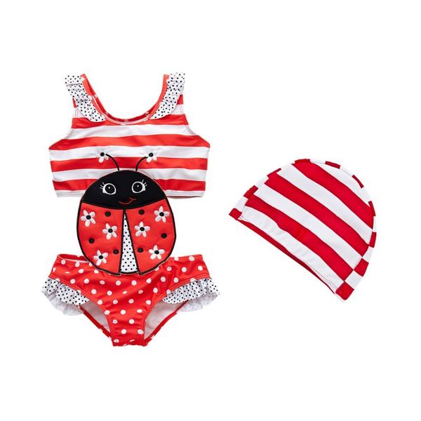 

one-pieces kavkas swimsuit for baby girls summer cartoon ladybird embroidery one piece swimming costume striped cap suit, Black