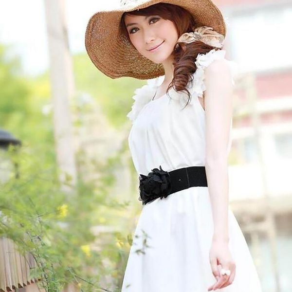 

belts women ladies cute flower decorated stretchy elegant party wedding bridesmaid retro elastic belt waistband black, Black;brown