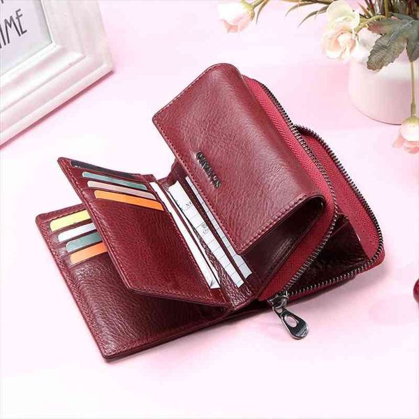 

contacts 100% genuine leather fashion women wallets trifold design money bag zipper small coin purse for girls card holder bags, Red;black