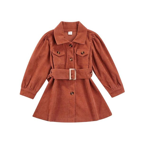 

girl's dresses arrival girls casual dress with waistband brown solid color single breasted long sleeve collared autumn winter clothes, Red;yellow