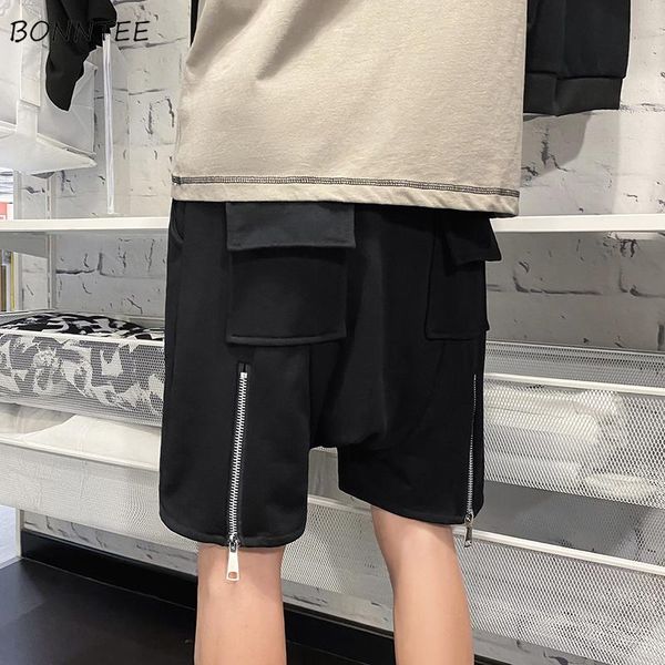 

men's shorts men black casual cargo fashion harajuku loose knee length straight zipper hip-hop all-match elastic waist korean style bf, White;black